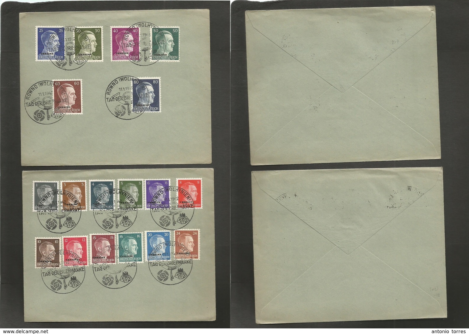 Ukraine. 1942 (11 Jan) Nazi Occup. Rowno (Wohl) Two Philatelic Usages, Illustrated Cachet 18 Diff Hitler Ovptd Values. - Ukraine