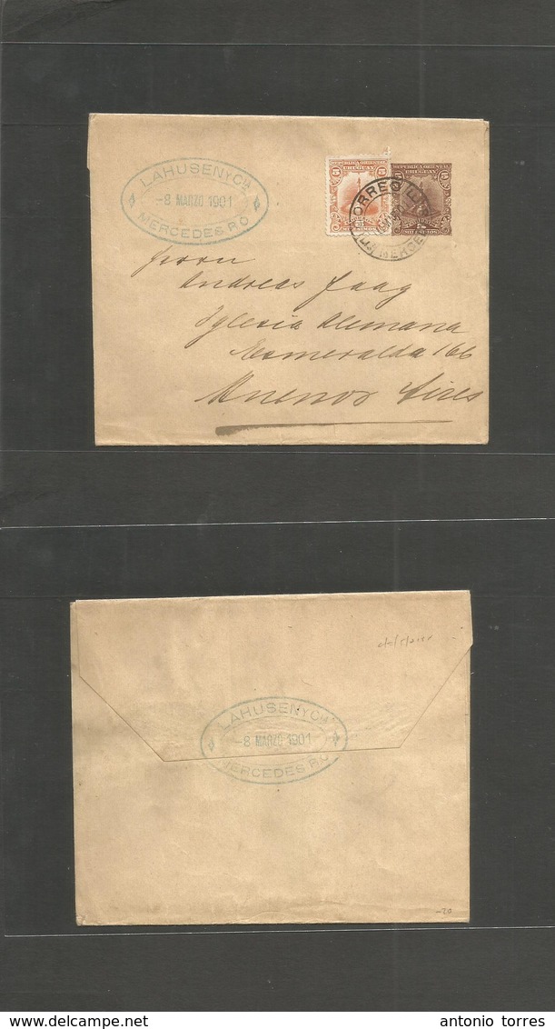 Uruguay. 1901 (8 March) Mercedes - Buenos Aires, Argentina. 5c Brown Stationary Wrapper + 5c Orange Adtl, Ovdal Ds. VF U - Uruguay