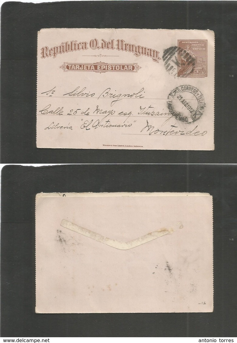 Uruguay. 1912 (21 Ago) Tacuarembo - Montevideo. 3c Brown Stat Lettersheet, Cancelled "K" Grill. Fine. - Uruguay