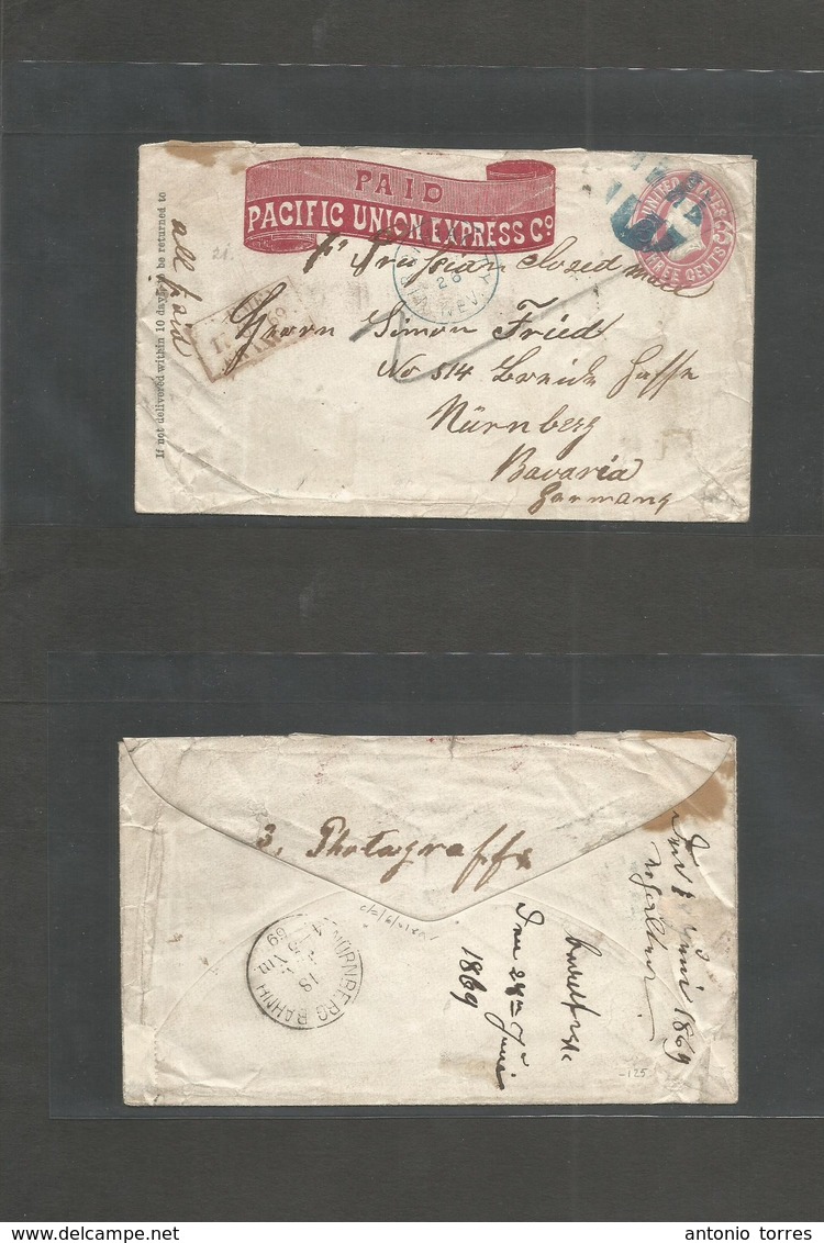 Usa. 1869 (26 May) Virginia City, NEVADA - Germany, Nuremberg (18 June) Paid Pacific UNION Express Cº 3 Cents Rose Stati - Autres & Non Classés