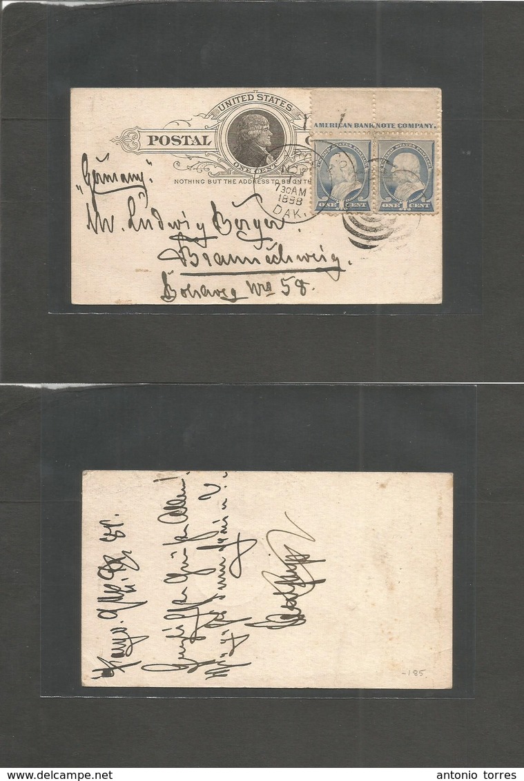 Usa - Stationery. 1888 (Nov 10) Fargo, Dakota - Germany, Braunschweig. 1c Black Stat Card + 1c Blue Large ABN Pair MARGI - Autres & Non Classés