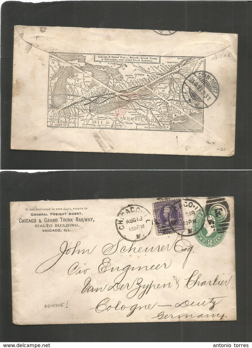 Usa - Stationery. 1893 (18 Aug) Chicago Railway - Germany, Coln (31 Aug) 2c Green Reverse Map Printed Railway Route. 3c  - Autres & Non Classés