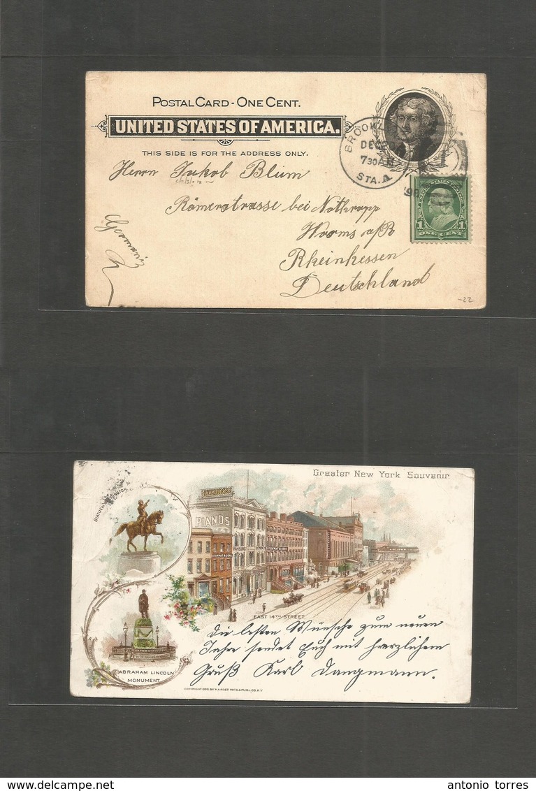 Usa - Stationery. 1898 (Dec 20) Brooklyn, Sta A - Germany, Rheinhessen. 1c Black Stat Color Chromolitho NY Ppc + 1c Adtl - Autres & Non Classés