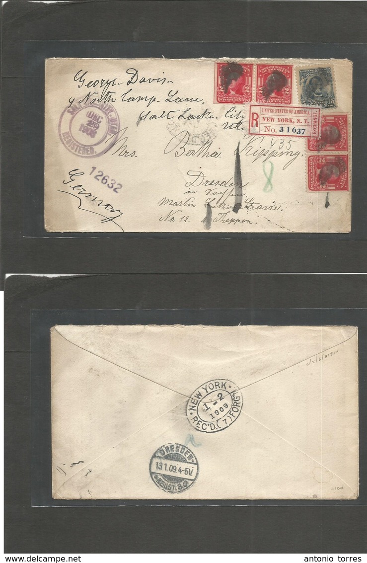 Usa - Xx. 1908 (29 Dic) Salt Lake City, Utah - Germany, Dresden (13 Jan 09) Via NY (2 Jan) Registered Multifkd Envelope. - Autres & Non Classés