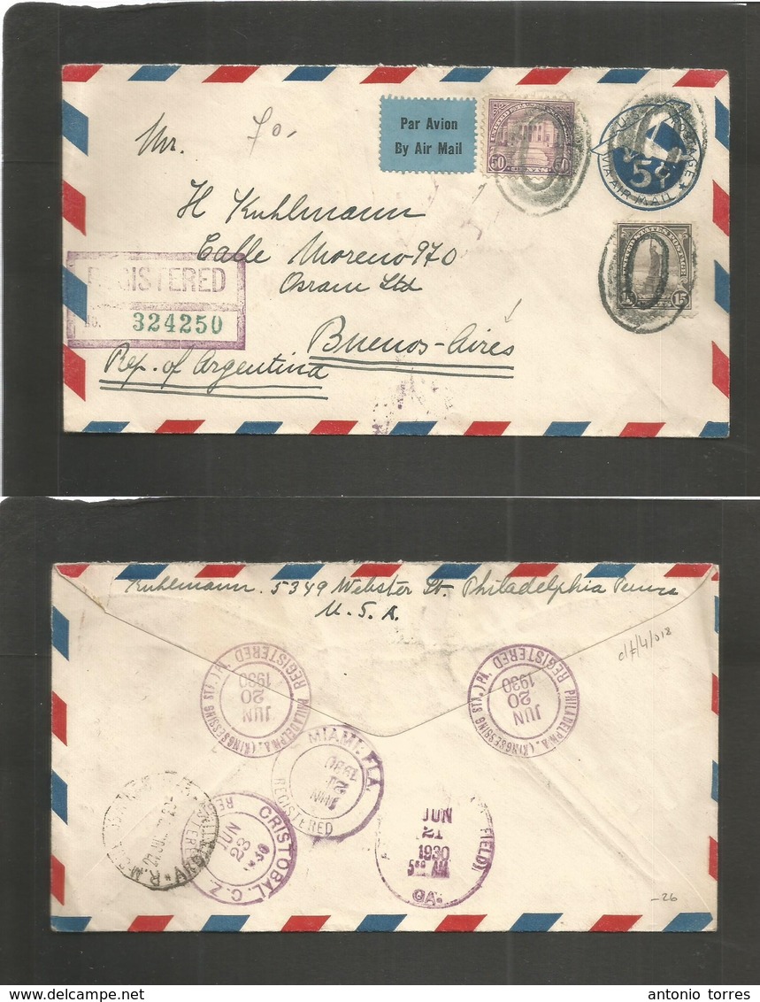 Usa Airmails. 1930 (20 June) Philadelphia - Argentina, Buenos Aires (27 June) Registered 5c Blue Air Stat Env + 2 Adtls  - Autres & Non Classés