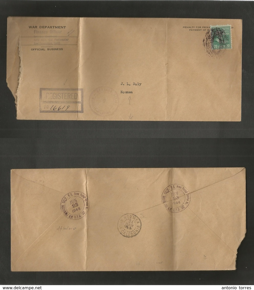Usa - Prexies. 1944 (23 June) APO 502 SF - Noumea, New Caledonia (24 June) War Dept Envelope + Registered With 20c Green - Autres & Non Classés