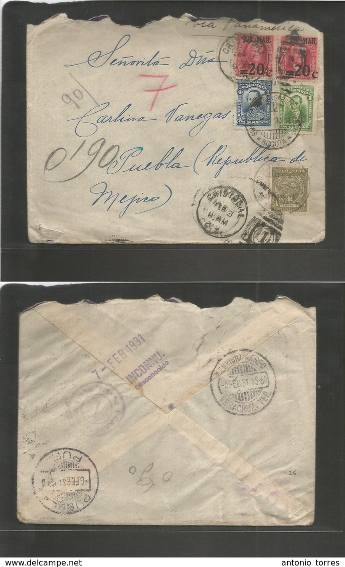Usa-Canal Zone. 1931. Colombia - Canal Zone - Mexico, Puebla ( 6 Febr.). Via Panamerica. Multifkd Airmail Envelope Combi - Other & Unclassified