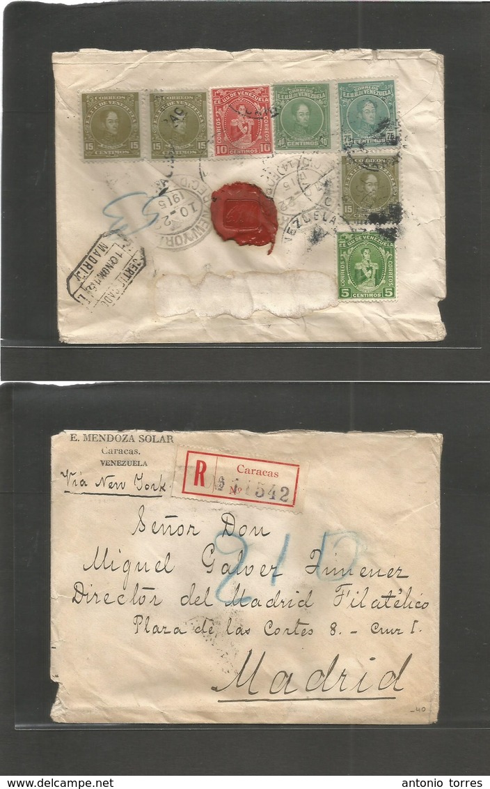 Venezuela. 1915 (Oct) Caracas - Spain, Madrid (Nov 10) Registered Reverse Multifkd, Mixed Issues Envelope R-label On Fro - Venezuela