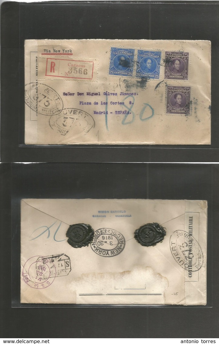 Venezuela. 1916 (March) Caracas - Spain, Madrid (17 April) Via NYC. WWI Censored Multifkd Registered Envelope. 1 Peso 50 - Venezuela