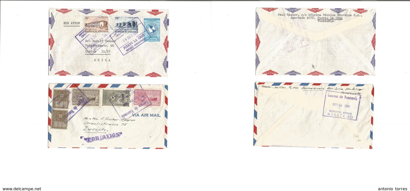 Venezuela. 1949-57. Puerto De La Cruz, Anzotaegui And Bachaquero, Zulia. 2 Air Multifkd Envelopes Usage To Switzerland,  - Venezuela