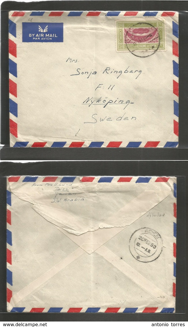 Yemen. 1950. Taizz - Sweden, Nykoping (20 Febr) Air Single Fkd Envelope. Fine Usage. Via Aden. - Jemen