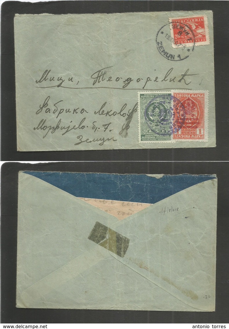 Yugoslavia. 1947 (19 July) Zemin Local Fkd Envelope + Pair Of Tax Stamps With Fiscal Cachets. Fine Usage Envelope With C - Autres & Non Classés