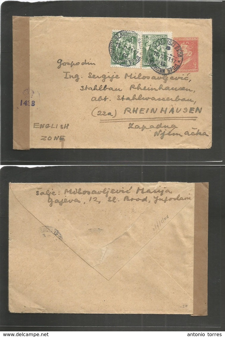 Yugoslavia. 1951 (18 Nov) Slav Brod - Germany, British Zone, Rheinhausen. 3 Din Red Stat Env + 2 Adtls, Censored Label.  - Otros & Sin Clasificación