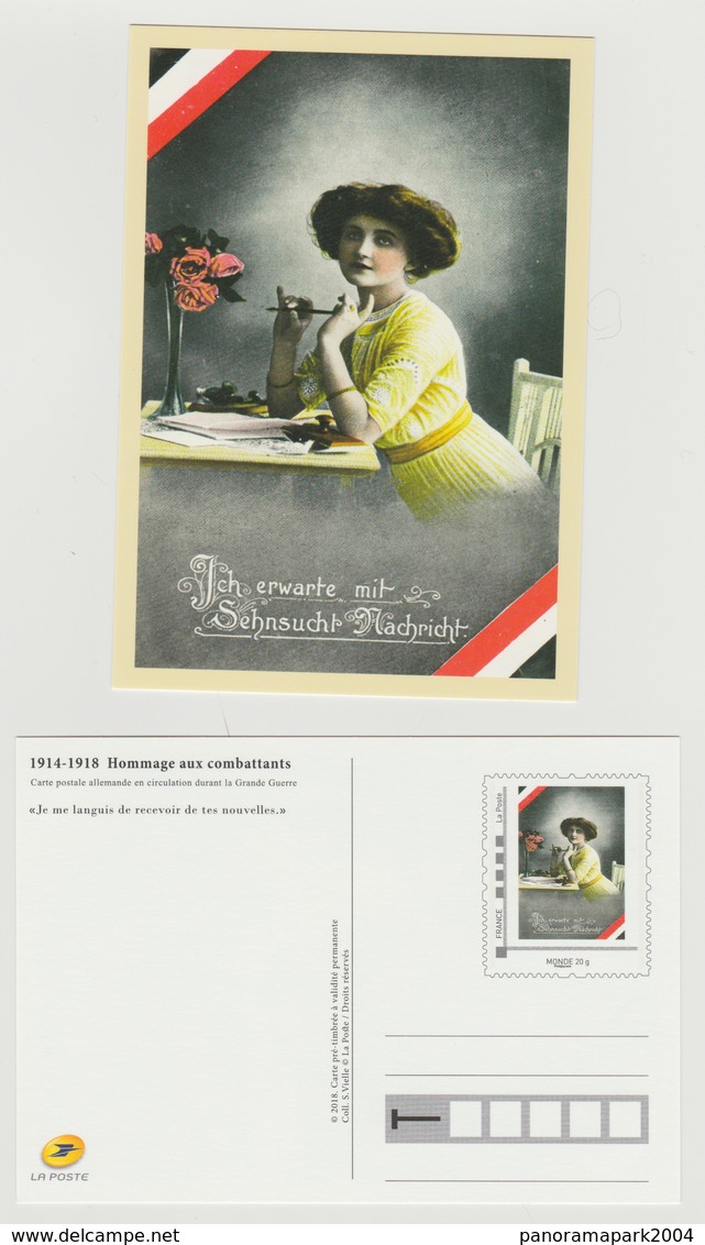 France 2018 - Carte Postale Entier Je Me Languis Ich Erwarte Mit Sehnsucht Nachricht 1914 - 1918 World War I Philaposte - Pseudo-interi Di Produzione Ufficiale