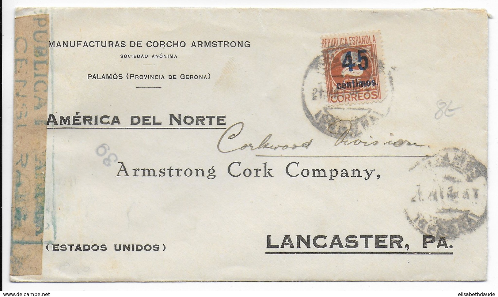 1938 - LETTRE Par AVION De PALAMOS Avec CENSURE REPUBLICAINE => LANCASTER (USA) - Storia Postale