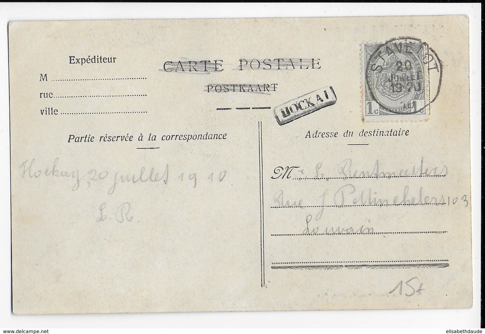 BELGIQUE - 1920 - CARTE Avec MARQUE LINEAIRE De HOCKAI + DATEUR STAVELOT - Linear Postmarks