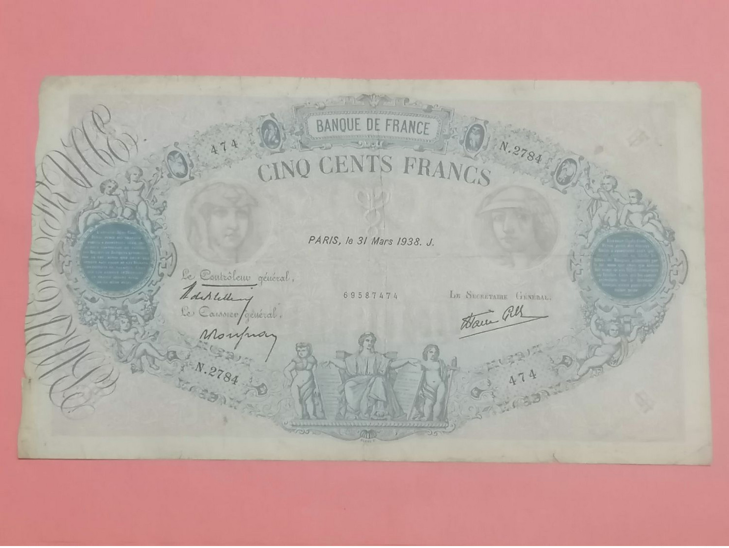 Billet De Banque .france "bleu Et Rose" 500 Francs 1938 - 500 F 1888-1940 ''Bleu Et Rose''