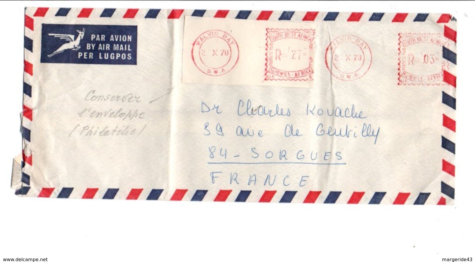 SUD OUEST AFRICAIN EMA SUR LETTRE AVION POUR LA FRANCE 1970 - Africa (Other)