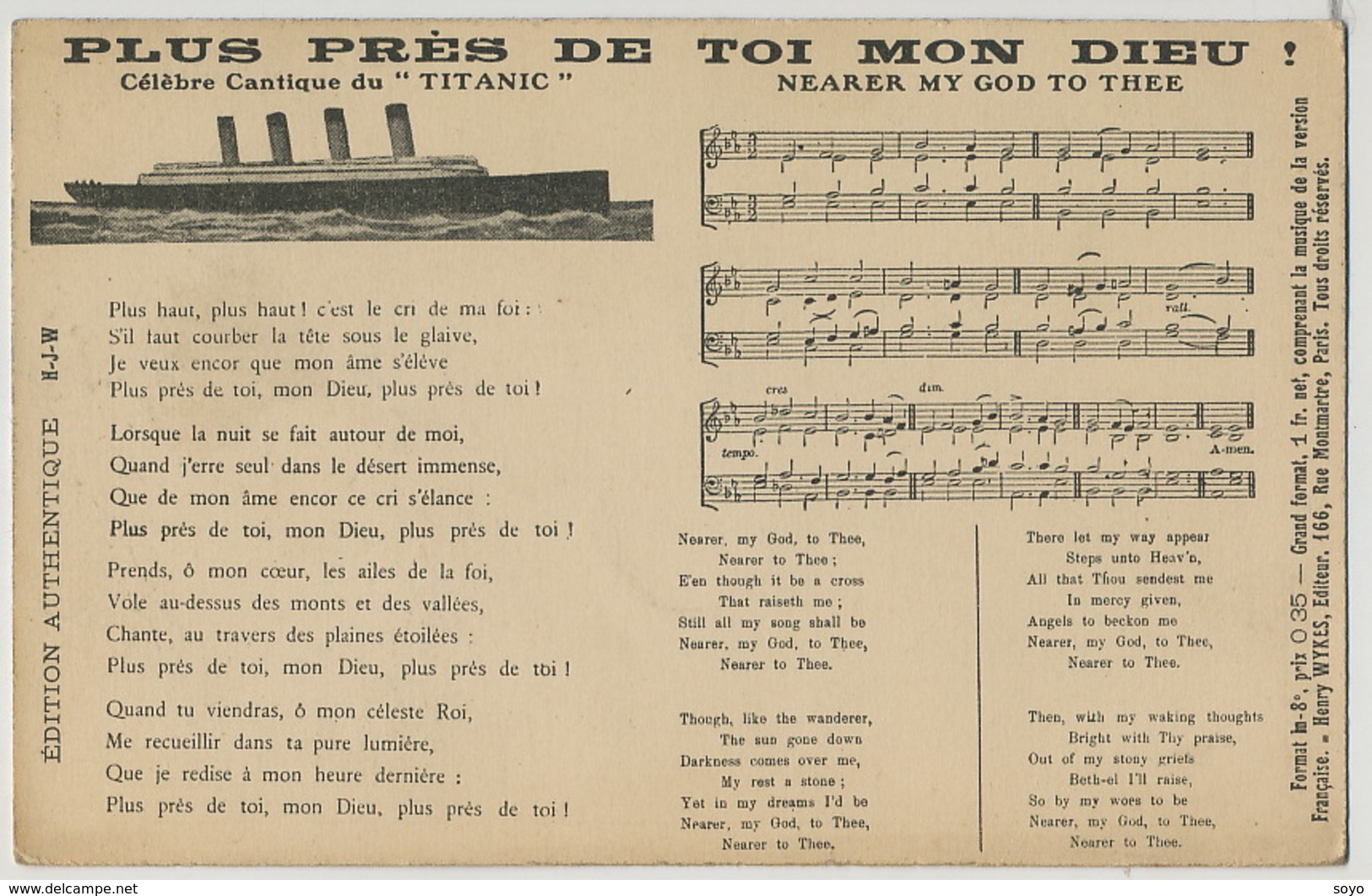 Chanson En Anglais Et Français En L' Honneur Du Titanic  Edit Henry Wykes - Catastrofi