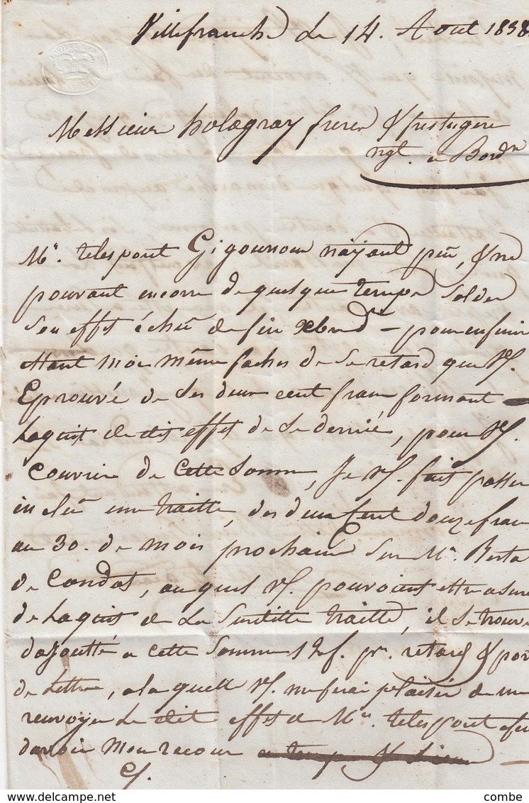 LETTRE.14 AOUT 38. DORDOGNE T12 BALVEZ ET CURSIVE 23/Villefranche/ De Belvez POUR BORDEAUX / 2 - 1849-1876: Classic Period