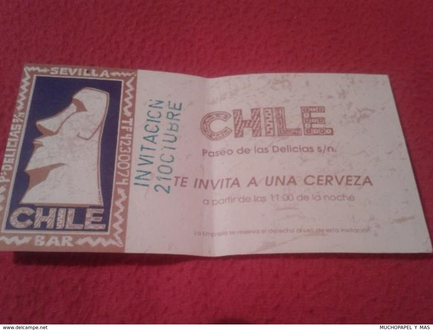 SPAIN ESPAGNE. TICKET VALE INVITACIÓN A UNA CERVEZA BEER BAR CHILE PASEO DE LAS DELICIAS SEVILLA MOAI 1993 MOAIS PASCUA - Sin Clasificación