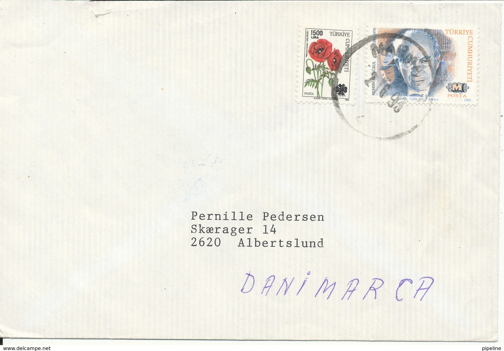 Turkey Cover Sent To Denmark 1993 (the Backside Of The Cover Is A Bit Damaged By Opening) - Cartas & Documentos