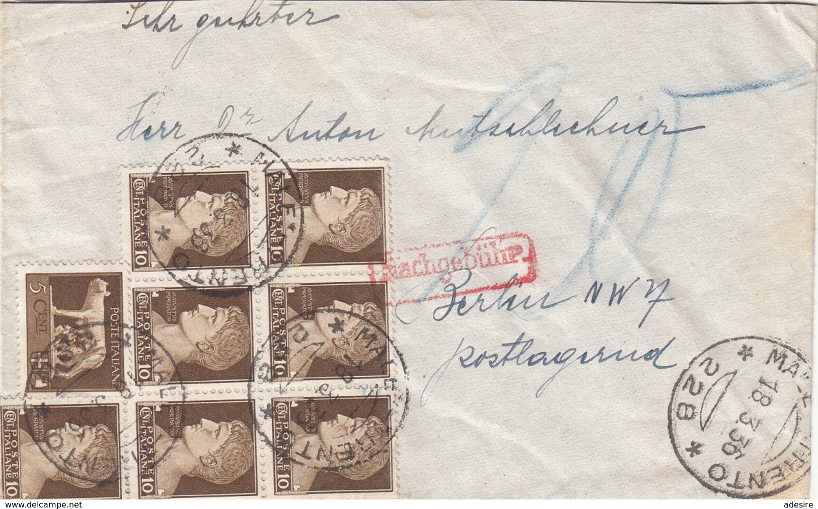 ITALIEN 1936 - 5 C + 7x10 C Nachporto Auf Brief Trento > Berlin - Portomarken