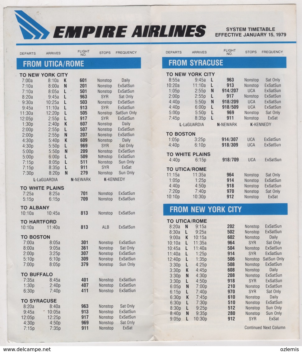 EMPIRE AIRLINES SYSTEM TIMETABLE EFFECTIVE JANUARY 15,1979 - Horaires