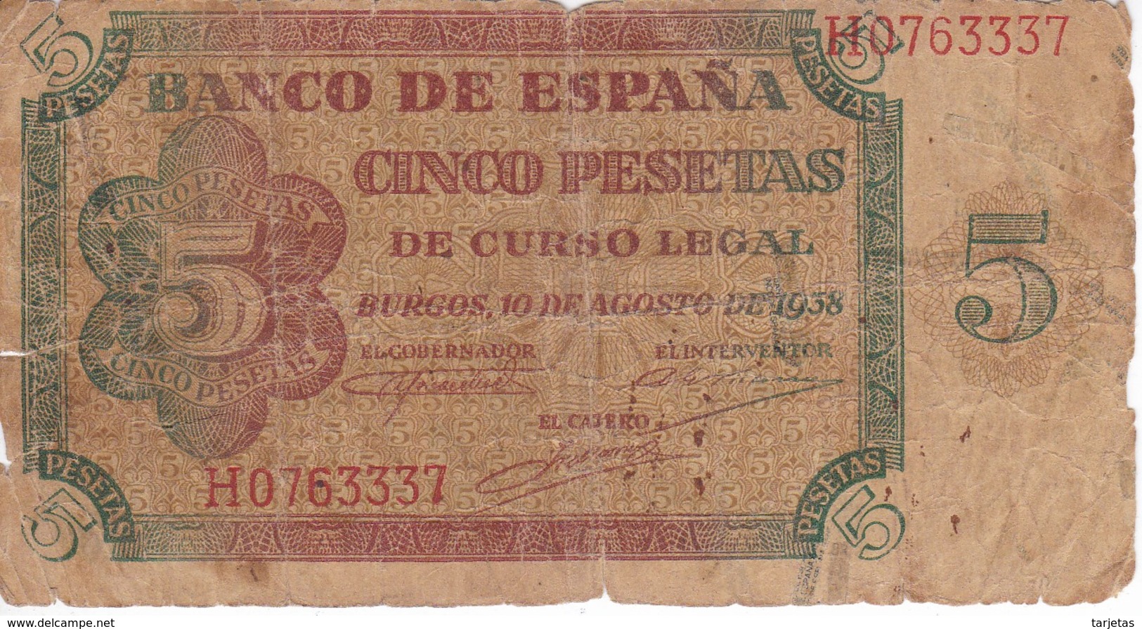 BILLETE DE ESPAÑA DE 5 PTAS DE BURGOS DEL AÑO 1938 SERIE H  (BANKNOTE) - 5 Peseten