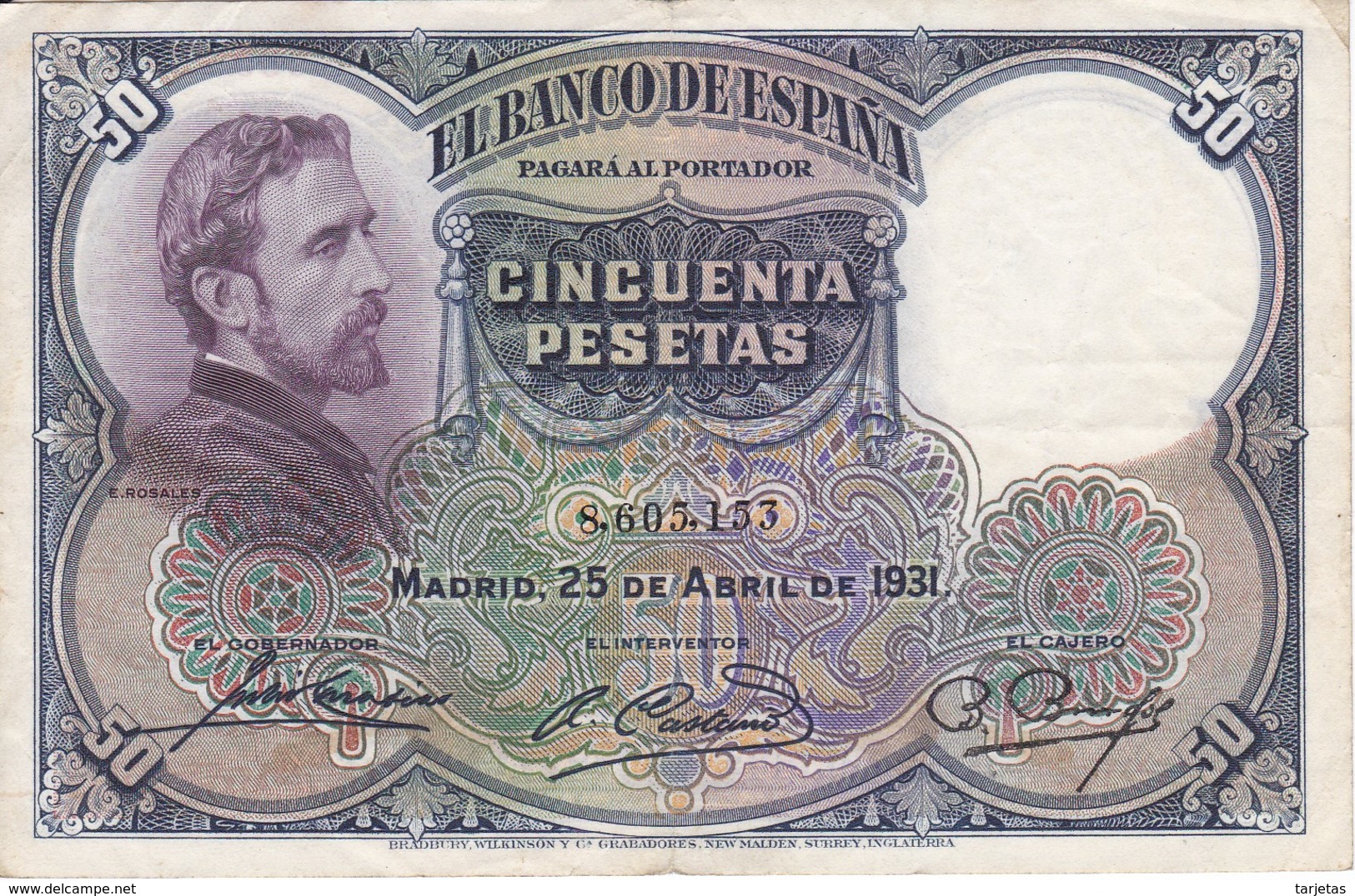 BILLETE DE 50 PTAS DEL AÑO 1931 DE  E. ROSALES SIN SERIE CALIDAD MBC (VF)  (BANKNOTE) - 50 Pesetas