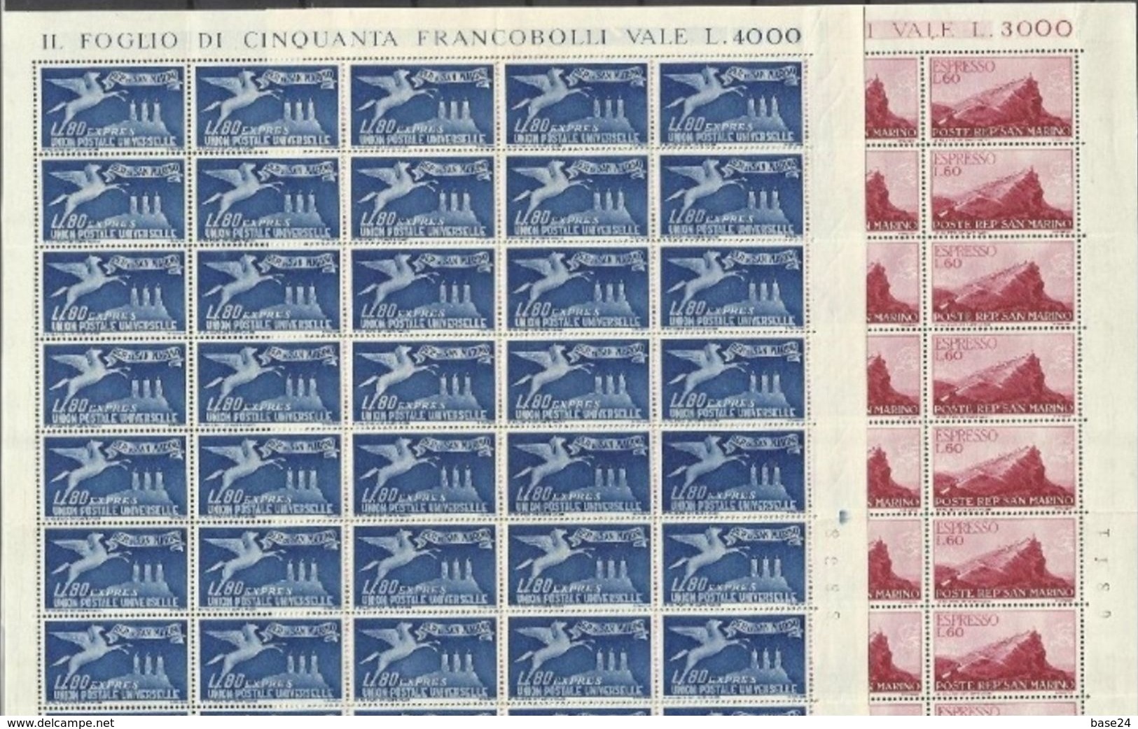 1950 San Marino Saint Marin ESPRESSO  EXPRESS 50 Serie Di 2v. (21/22) In Foglio MNH** Sheets - Express Letter Stamps