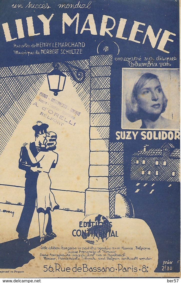 Partition Musicale De 1940 : Lily Marlène Par Suzy Solidor- Ed. Continental - Partitions Musicales Anciennes