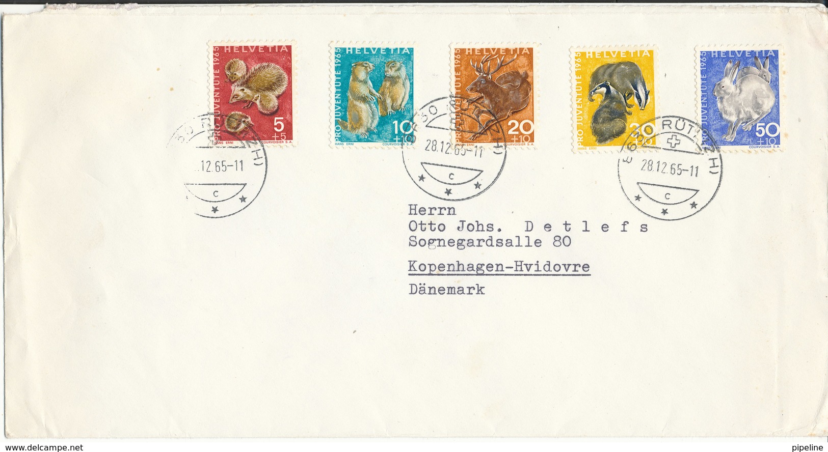 Switzerland Cover With Complete Set Pro Juventute 1965 Sent To Denmark Rüti (ZH) 28-12-1965 - Covers & Documents