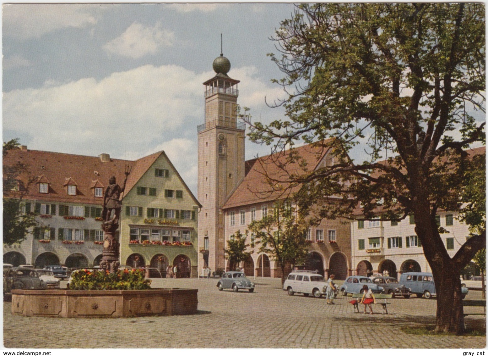 FREUDENSTADT IM SCHWARZWALD, Heilklimatischer Hohenkurort, Neptunbrunnen Mit Rathaus, 1960s Unused Postcard [21396] - Freudenstadt