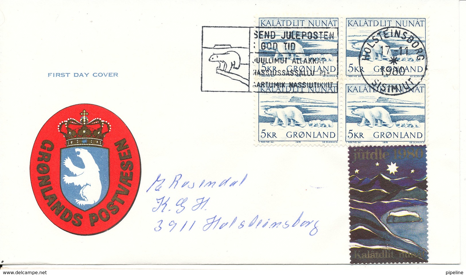 Greenland Cover With Block Of 4 POLARBEAR Sent To Denmark Special Christmas Seal And Postmark Holsteinsborg 17-11-1980 - Covers & Documents