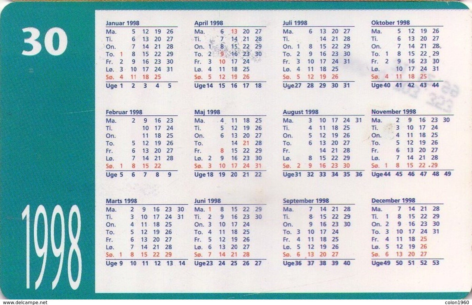 TARJETA TELEFONICA DE DINAMARCA. TDD007, CALENDAR 1998 (050) - Dinamarca