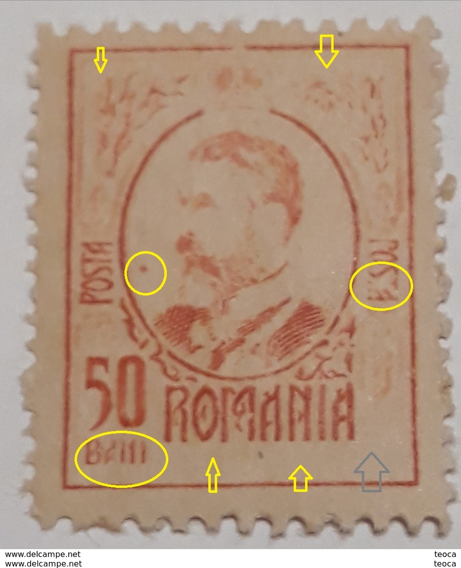 Error King Carol I,Romania 1908 King Carol I 50 Bani Orange,,with Printed Point în Medalion, Erase Gravure  Mnh - Ungebraucht