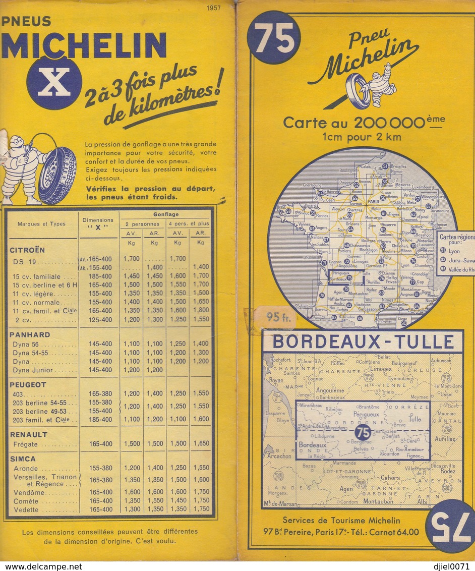 Carte Michelin N°75 - Bordeaux Tulle - 1957 - Roadmaps