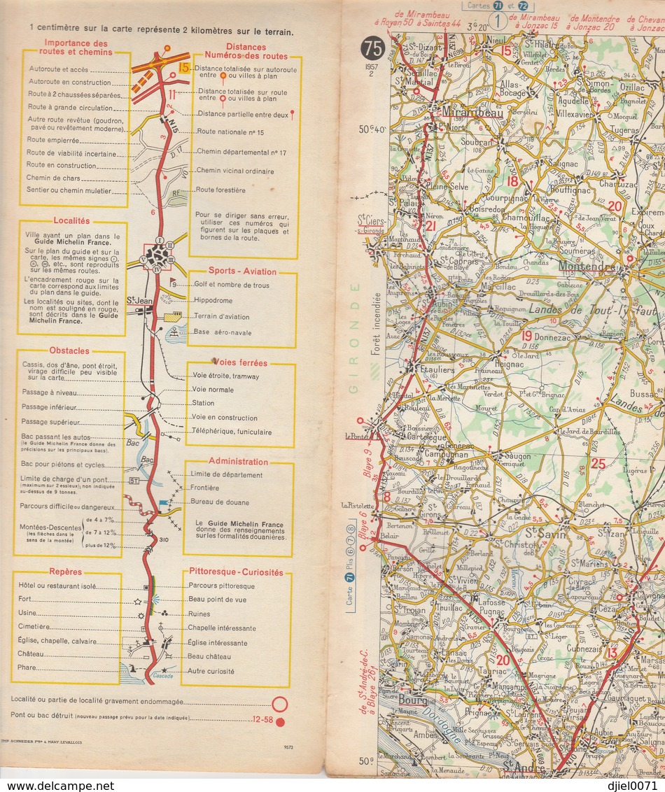 Carte Michelin N°75 - Bordeaux Tulle - 1957 - Roadmaps