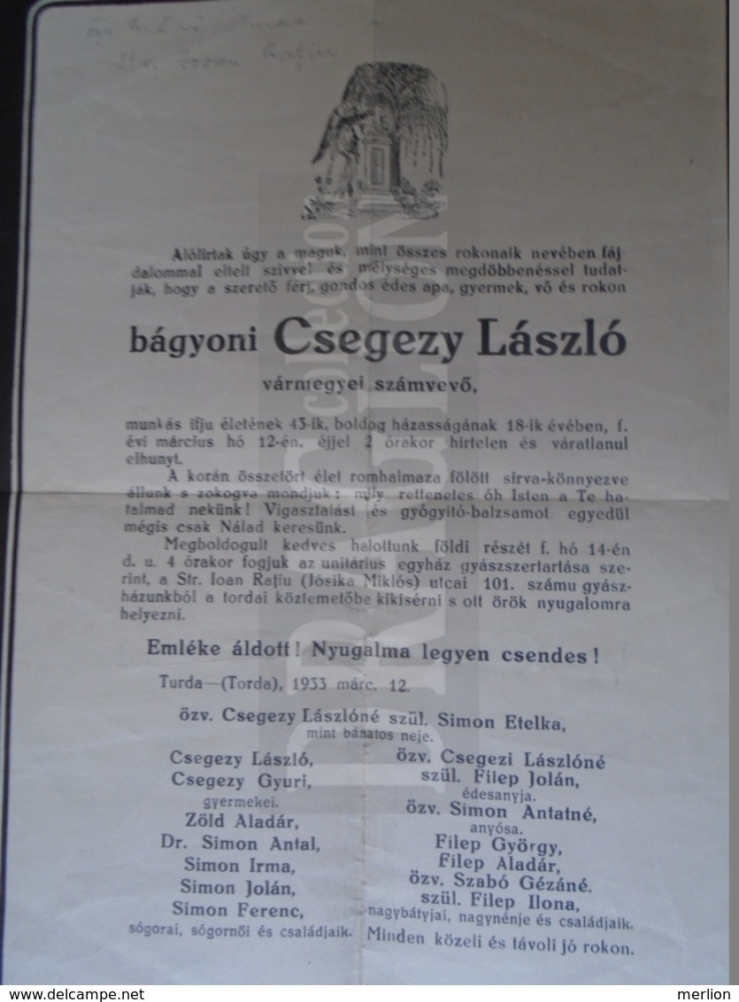 DC33.3  Romania TURDA Torda - Bágyoni Csegezy László Vármegyei Számvevő - Obituary  -Füssy Nyomda Turda - Storia Postale