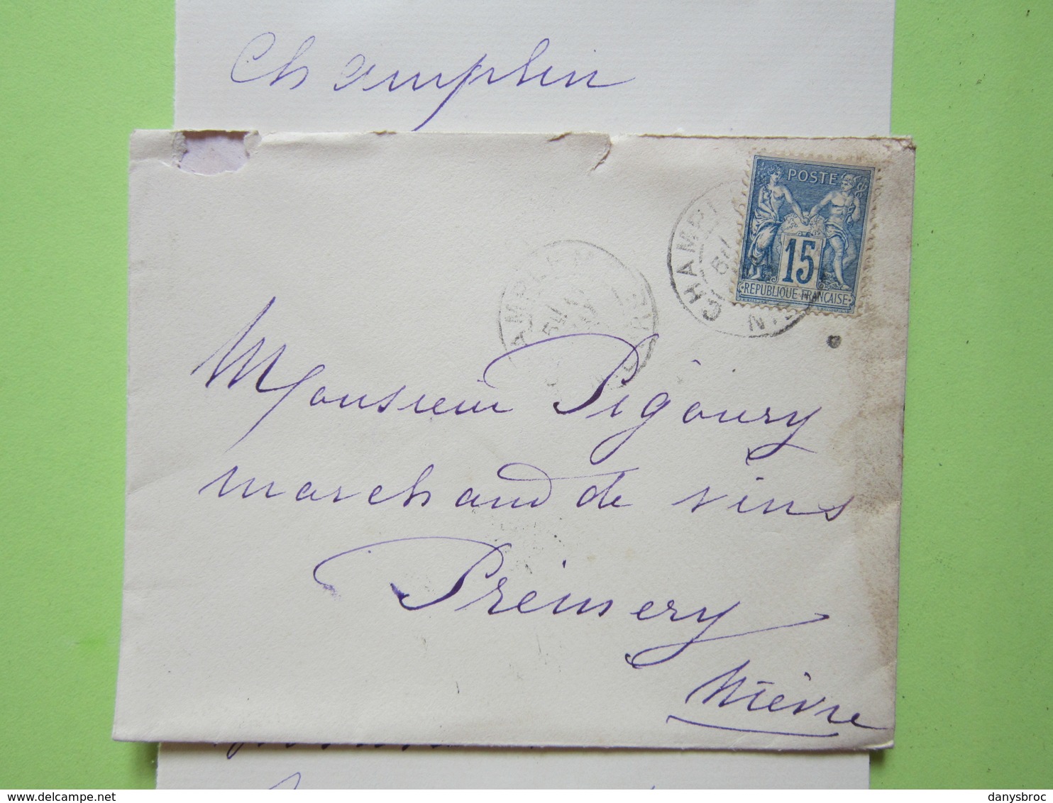 ENVELOPPE + LETTRE écrite à CHAMPLIN (58) 11/05/1900 Obitétrée CHAMPLEMY, NEVERS-GARE & PREMERY / Timbre Sage 15c Bleu - 1877-1920: Période Semi Moderne