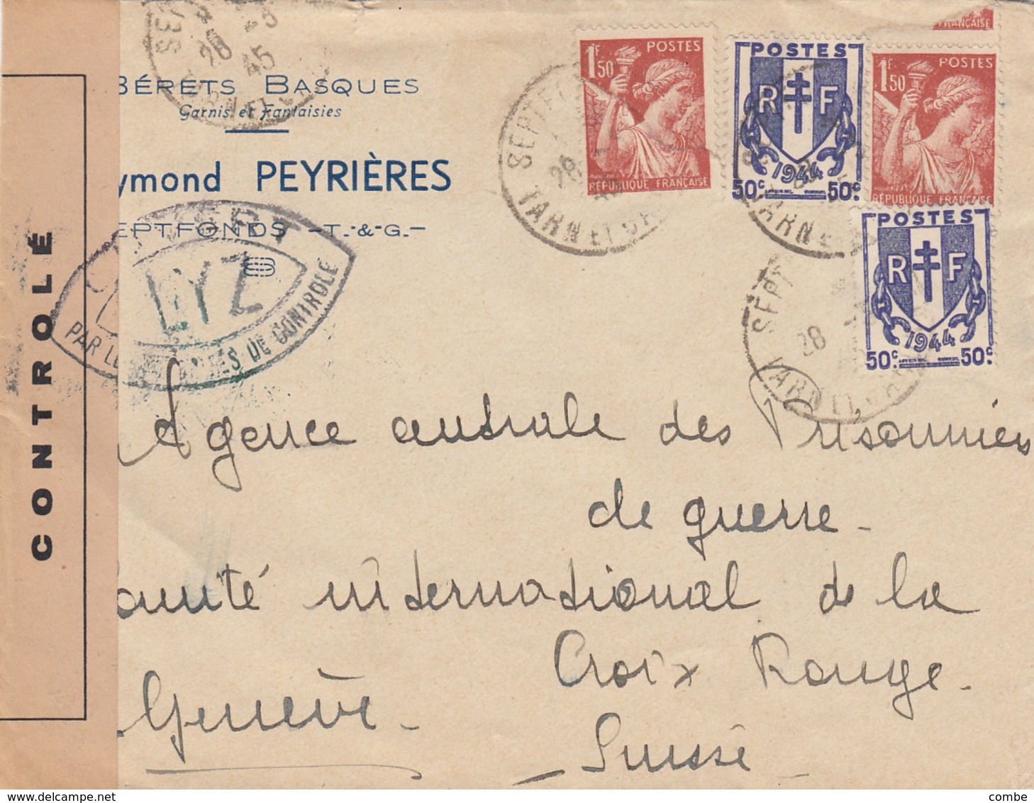 LETTRE. 28 3 45. SEPTFONDS TARN ET GARONNE POUR GENEVE SUISSE .  BANDE CENSURE   / 1 - 1921-1960: Période Moderne