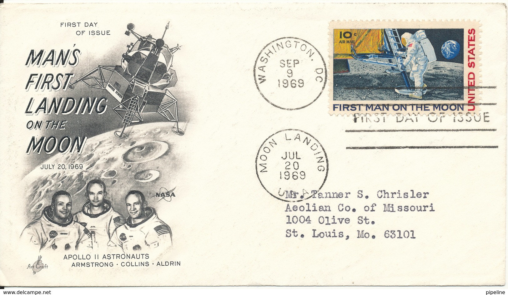 USA FDC Moonlanding 20-7-1969 APOLLO 11 With Very Nice Art Craft Space Cachet - 1961-1970