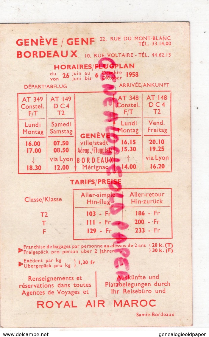 SUISSE - CARTE GENEVE BORDEAUX PAR ROYAL AIR MAROC- HORAIRES TARIFS DU 26 JUIN AU 6 OCTOBRE 1958- - Reclame