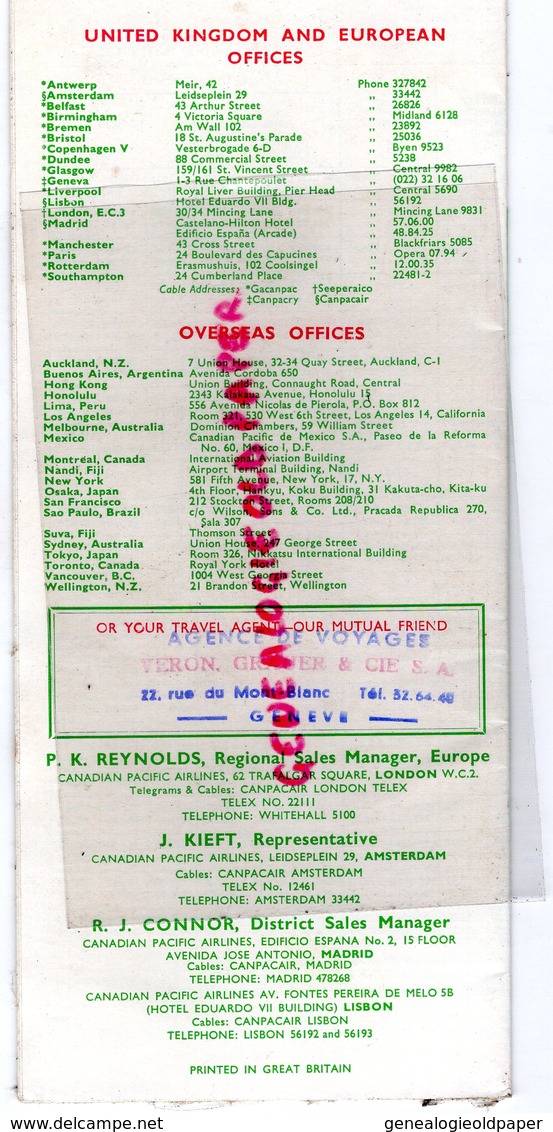 CANADA - CANADIAN PACIFIC AIRLINES- INTERNATIONAL TIMETABLE 2 JUNE 1958- AGENCE VERON GRAUER GENEVE- TOKYO-SYDNEY-HAWAII - Documents Historiques