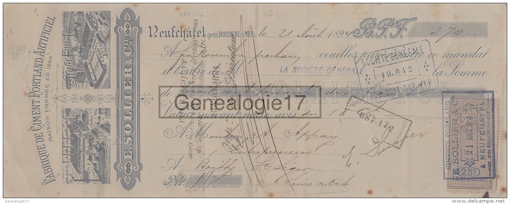 62 852 NEUFCHATEL Pres BOULOGNE SUR MER PAS DE CALAIS 1894Fabrique Ciment Portland E. SOLLIER Cie A APPAY - Lettres De Change