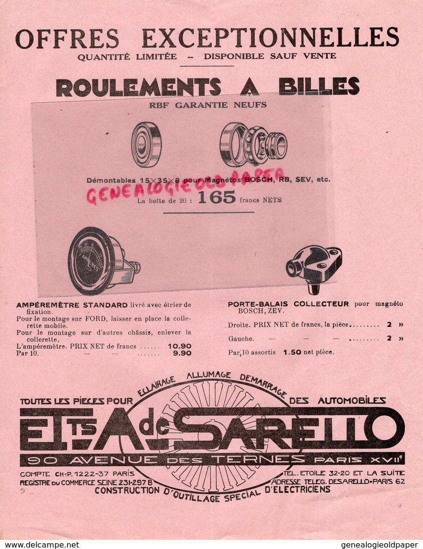 75- PARIS- PUBLICITE ETS. A DE SARELLO-90 AVENUE DES TERNES -ROULEMENTS A BILLES- AMPEREMETRE-ECLAIRAGE-ALLUMAGE AUTO - Automobil