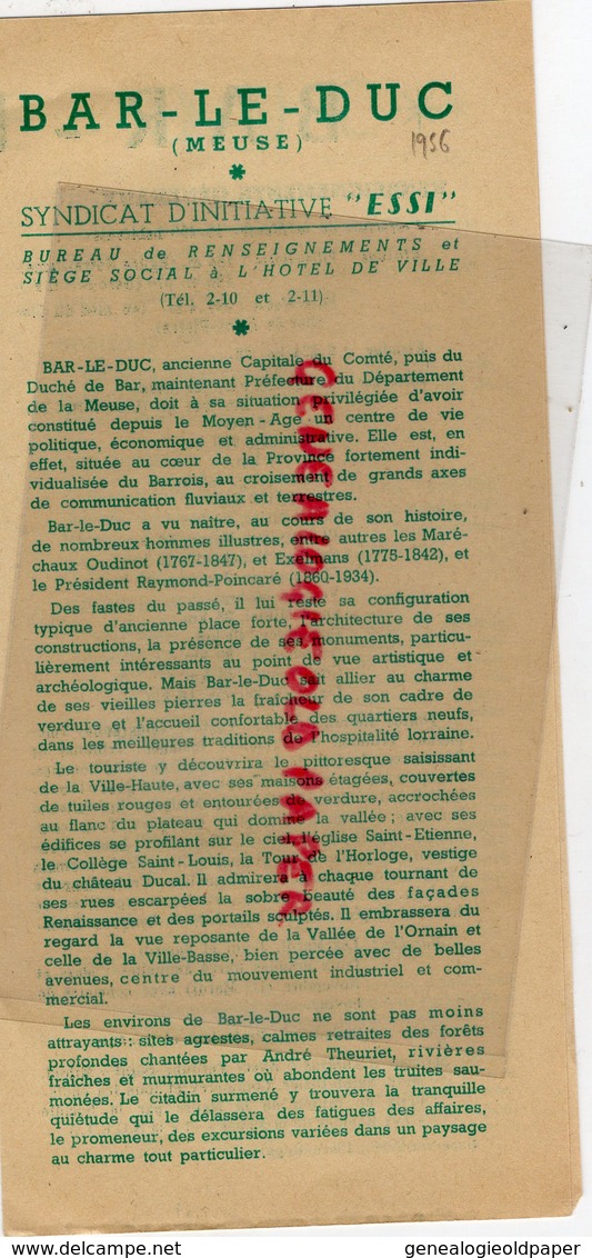 55 - BAR LE DUC- DEPLIANT TOURISTIQUE SYNDICAT INITIATIVE -IMPRIMERIE DU BARROIS BAR- 1956 - Dépliants Touristiques