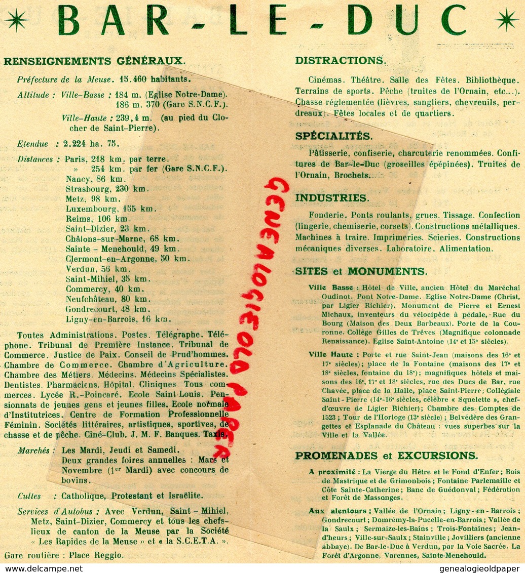 55 - BAR LE DUC- DEPLIANT TOURISTIQUE SYNDICAT INITIATIVE -IMPRIMERIE DU BARROIS BAR- 1956 - Dépliants Touristiques