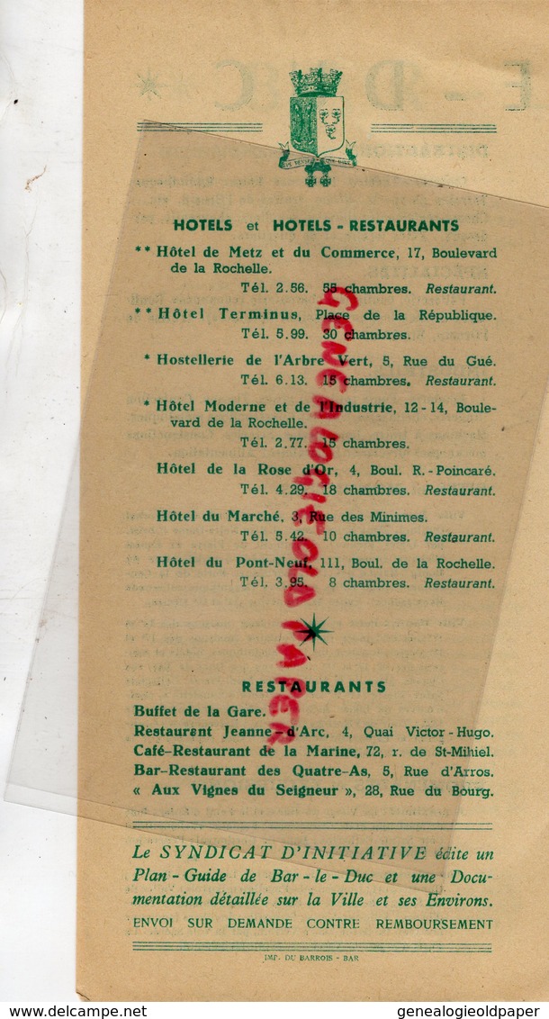 55 - BAR LE DUC- DEPLIANT TOURISTIQUE SYNDICAT INITIATIVE -IMPRIMERIE DU BARROIS BAR- 1956 - Dépliants Touristiques